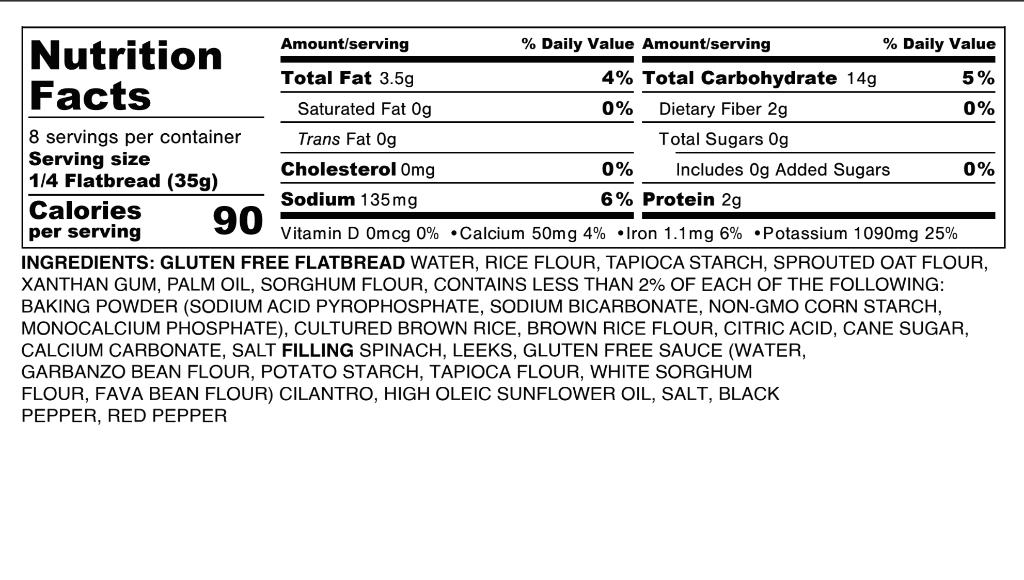 Nutritional panel for Bolani Gluten Free Spinach Flatbread Sandwich