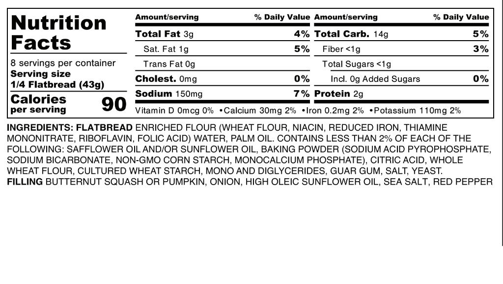 Nutrition panel for Bolani Pumpkin Flatbread Sandwich