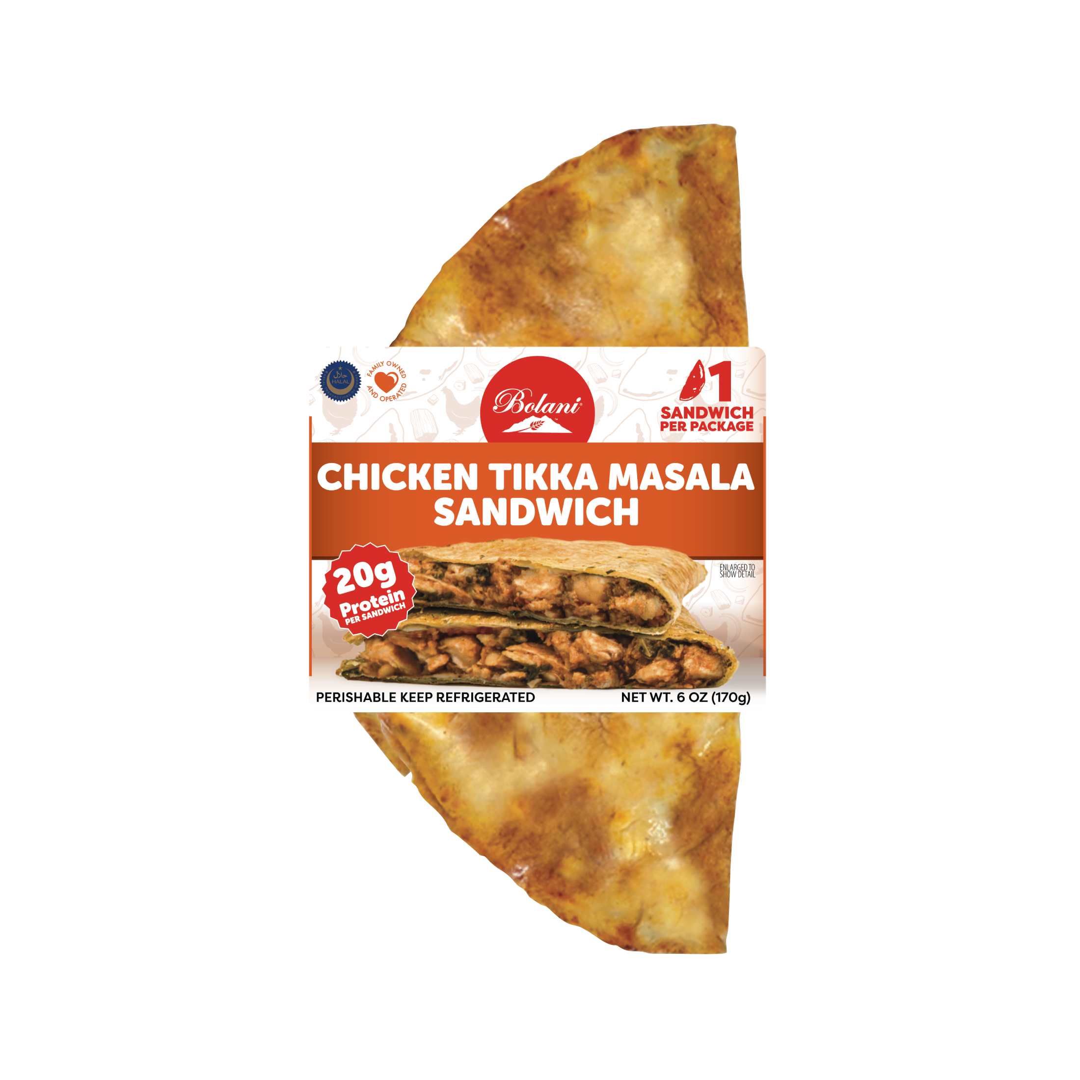 Chicken Tikka Masala Flatbread Sandwich filled with halal chicken, vegetables, and authentic spices