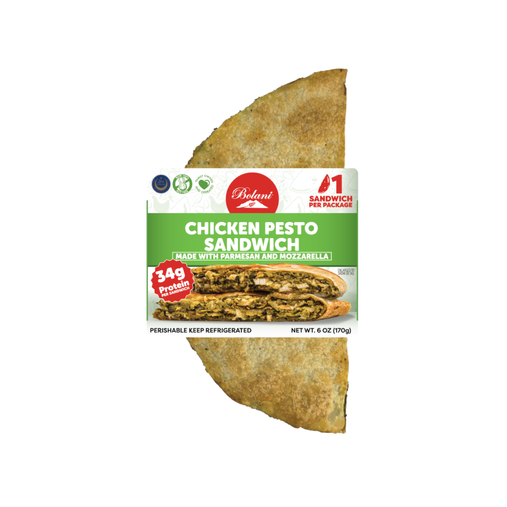 Bolani Chicken Pesto Flatbread Sandwich packaging featuring grilled chicken, basil pesto, and cheese.
