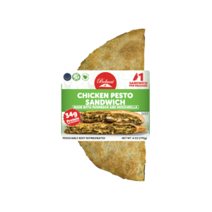 Bolani Chicken Pesto Flatbread Sandwich packaging featuring grilled chicken, basil pesto, and cheese.